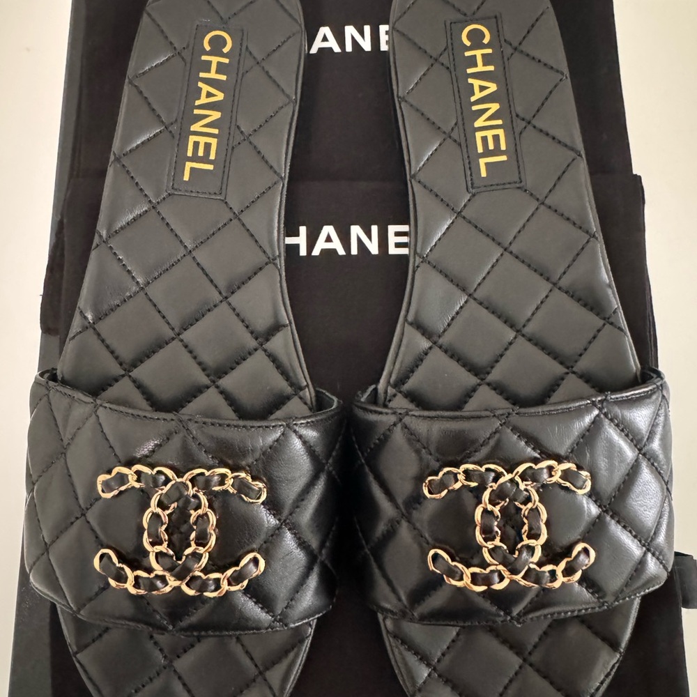 Brand New (NIB) CHANEL Goatskin Quilted Interlock CC Mules/Sandals/Slides Sz 40 - Picture 2 of 10